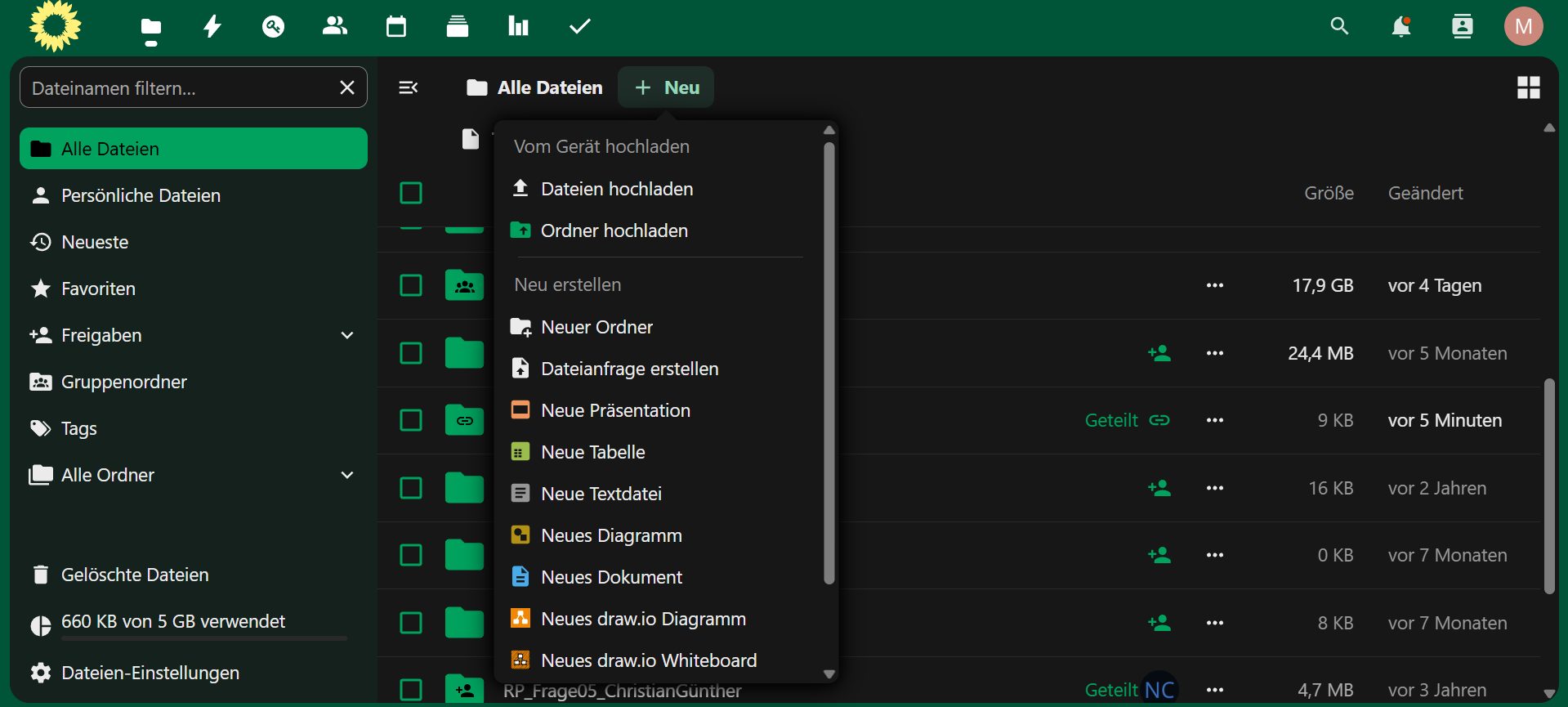 Grüne Wolke Hauptinterface